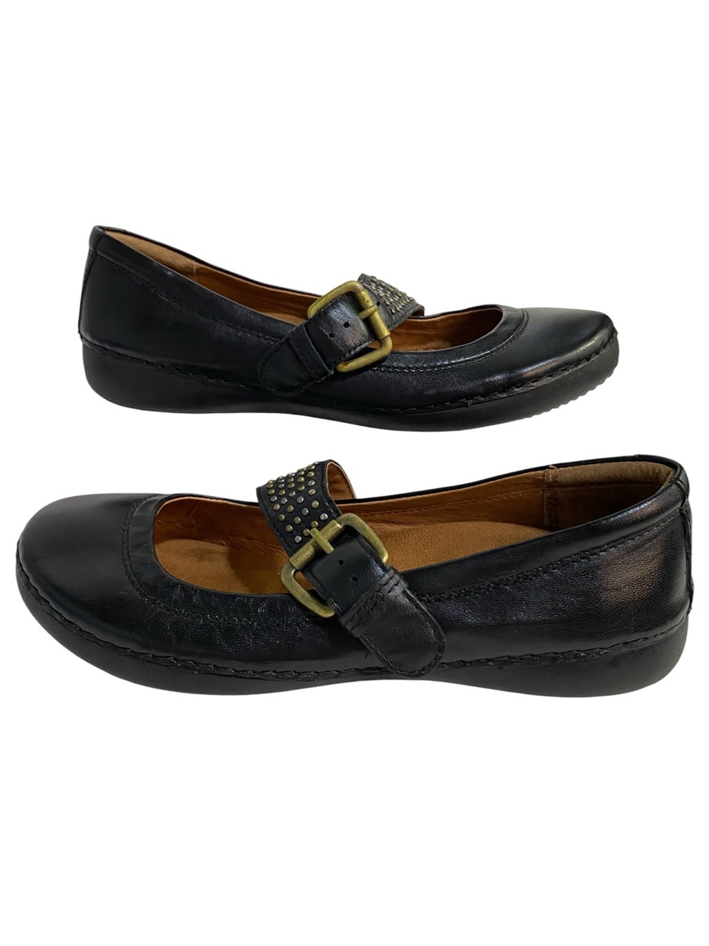 Vionic NEW Black Leather Mary Jane Flats with Brass Buckle NEW